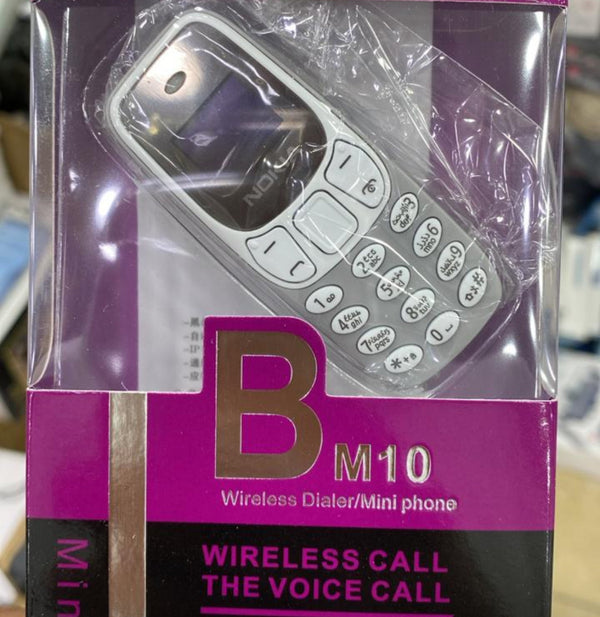 Packaged phone with 'B M10' branding on a purple background